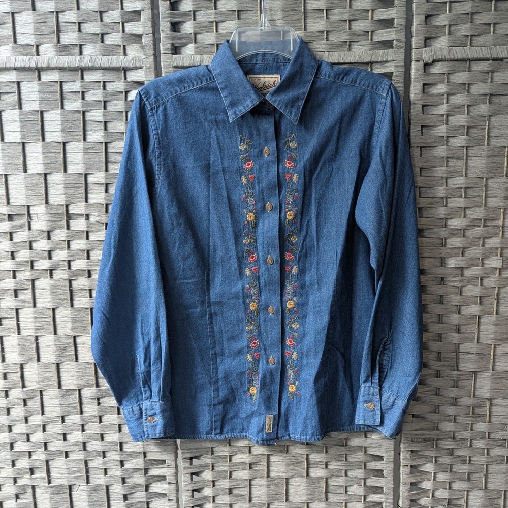 Woolrich Denim Shirt Blue Floral Embroidered Button Up Sz S Cottagecore Western